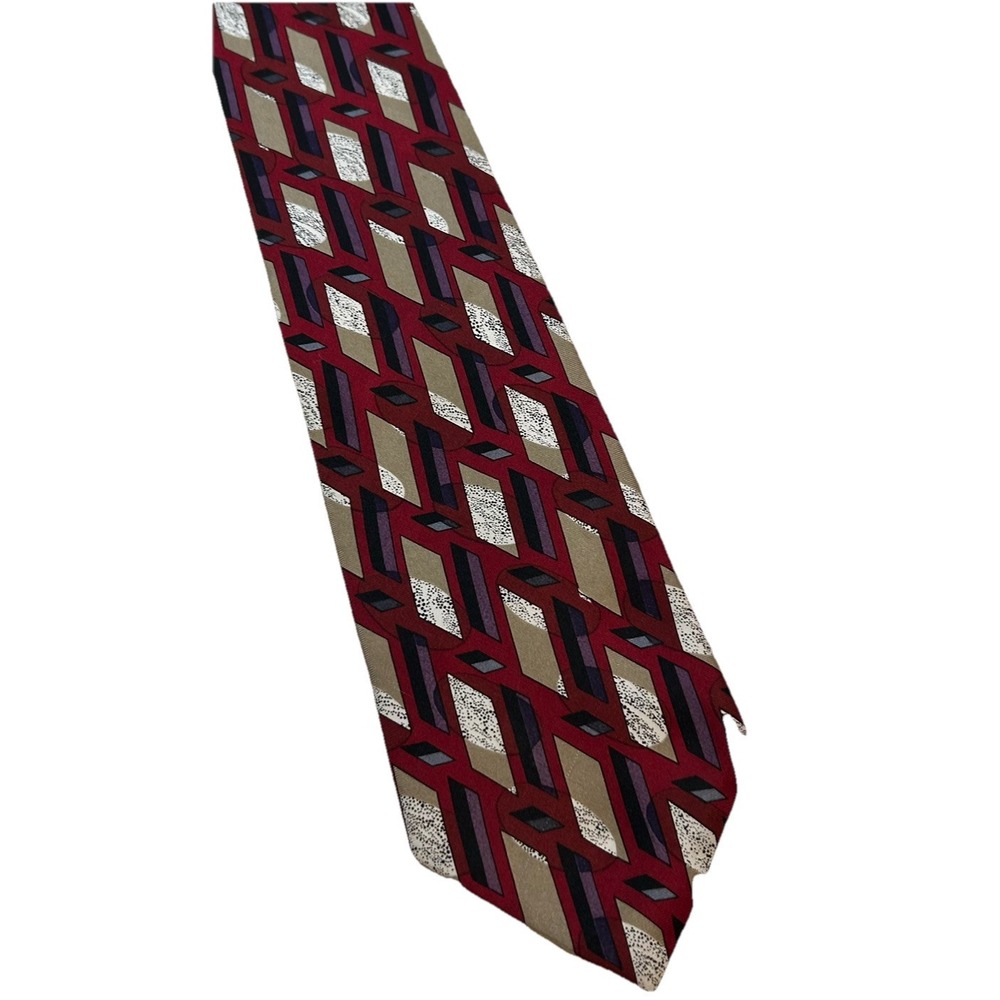 Raphael Roma Milano All Silk Men's Neck Tie Burgundy‎ /Tan Geo Pattern